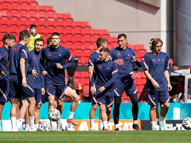 Luka Modric, right, and the Croatia team during training ahead of the Spain clash