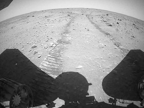 This photograph released by the China National Space Administration (CNSA) shows an image taken by China's Zhurong Mars rover on the surface of Mars.