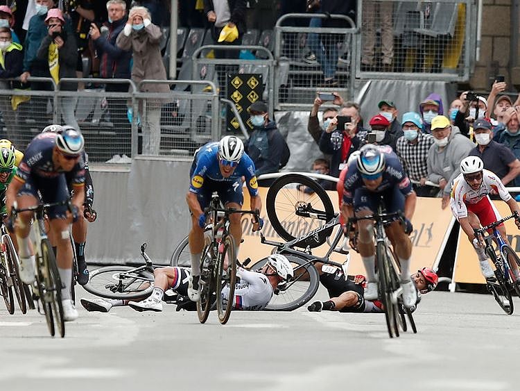 Slovakia's Peter Sagan crashes with Australia's Caleb Ewan during Stage 3 of the Tour de France