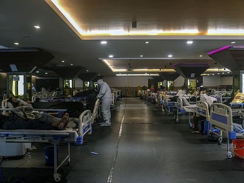 A makeshift care facility for COVID-19 patients in Delhi on April 23 2021.  A cascading series of failures, from the federal government on down, left hospitals across India without medical oxygen, killing hundreds. 