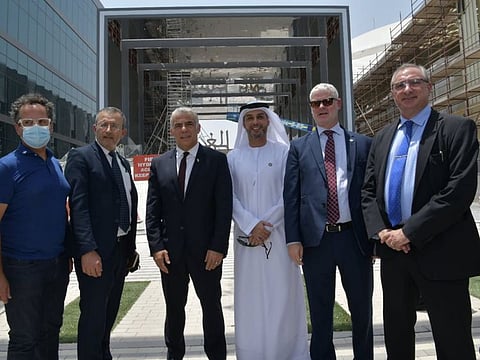 From left: Malki Shem Tov, CEO of AVS, Producer of the Israel Pavilion at Expo 2020 Dubai, Elazar Cohen, Commissioner General of the Israel Pavilion at Expo 2020 Dubai,  Israeli foreign minister Yair Lapid, Mohamed Al Khaja, the UAE ambassador to Israel, Alon Ushpiz, director-general at Israel’s Ministry of Foreign Affairs and Eitan Na’eh, Israel’s acting ambassador/Chargé d'affaires to the UAE.