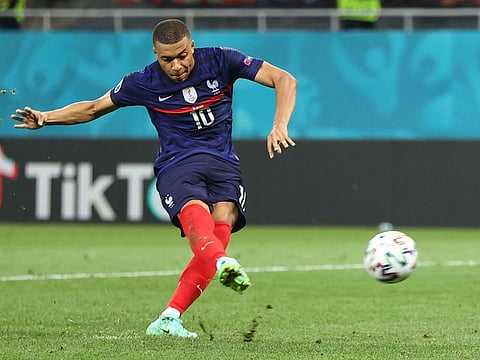 France's forward Kylian Mbappe fails to convert a penalty during the UEFA EURO 2020 round of 16 football match between France and Switzerland at the National Arena in Bucharest on June 28, 2021.