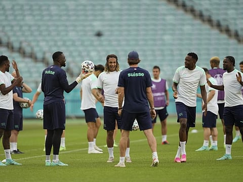Switzerland players during a team training session at the Baku Olympic Stadium in Baku, Azerbaijan ahead of their Euro 2020 quarterfinal clash against Spain tomorrow.