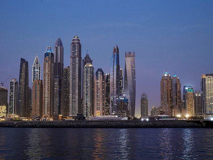 Stock Dubai skyline Creek harbour