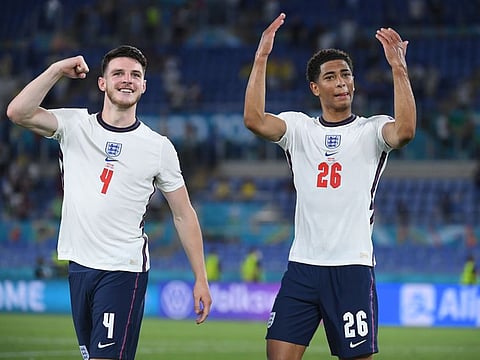 England's Jude Bellingham and Declan Rice celebrate after the match against Ukraine which they won 4-0 to book their place in the semifinal of Euro 2020..