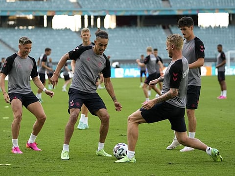 Denmark's Yussuf Poulsen (centre) during a training session at the Baku Olympic Stadium in Baku, Azerbaijan ahead of today's Euro 2020 championship quarterfinal match against Czech Republic.