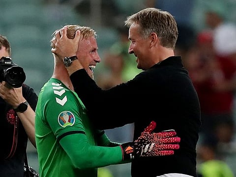 Denmark goalkeeper Kasper Schmeichel and coach Kasper Hjulmand 