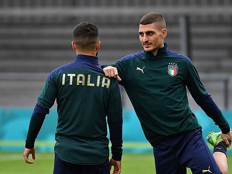 Italy's midfielder Marco Verratti takes part in training ahead of their Euro 2020 semi-final against Spain. 