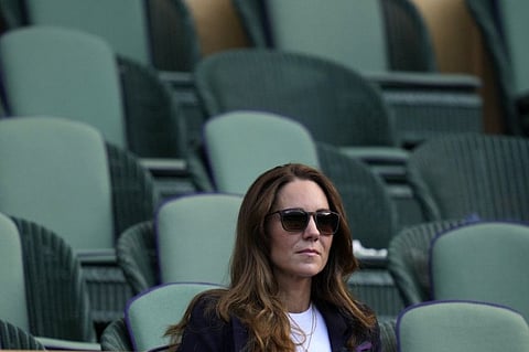 Britain's Kate, Duchess of Cambridge sits in the Royal Box on Centre Court on day five of the Wimbledon Tennis Championships in London, on Friday July 2, 2021. 