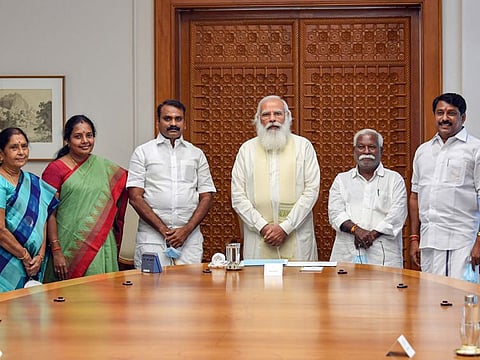 Prime Minister Narendra Modi meets Tamil Nadu BJP President Murugan and party MLAs from the state, in New Delhi, on July 3, 2021.  