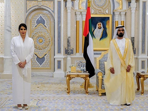 Hend Al Otaiba [L] will start in August as UAE's ambassador to France. During the swearing-in ceremony, Sheikh Mohammed received the new UAE envoys to France, Poland, Kazakhstan and the Philippines.