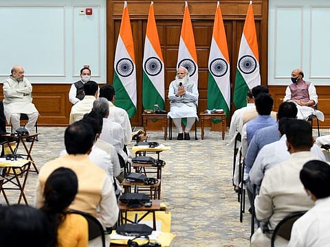 Prime Minister Narendra Modi meets BJP MPs ahead of cabinet expansion, at Lok Kalyan Marg in New Delhi, on Wednesday. 