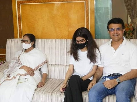 Sourav Ganguly (right), daughter Sana with Mamata Banerjee, the Chief Minister of West Bengal who turned up at his residence to offer birthday wishes.