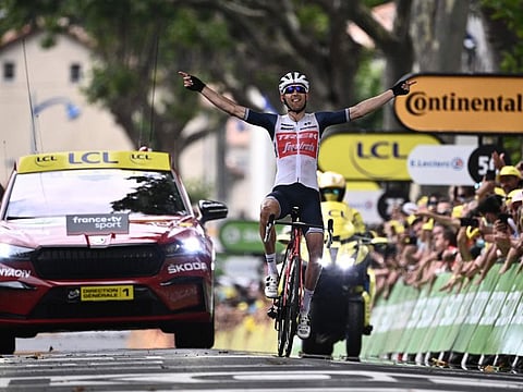 Trek Segafredo's Bauke Mollema of Netherlands celebrates on winning the 14th stage of the 108th edition of the Tour de France race on Saturday.