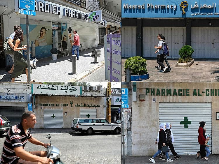  Shuttered doors of pharmacies in Lebanon during a nationwide strike to protest against a severe shortage of medicine, on July 9, 2021.  Drug importers warned that they were running out of hundreds of drugs, and that the central bank had failed to pay suppliers abroad millions of dollars in accumulated dues under a subsidy scheme. 