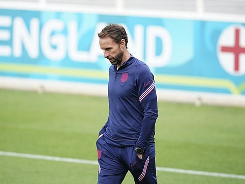 Deep in thought... England's manager Gareth Southgate at a training session at St George's Park, Burton upon Trent, England. England face Italy in the Euro 2020 championship final at Wembley Stadium tonight.
