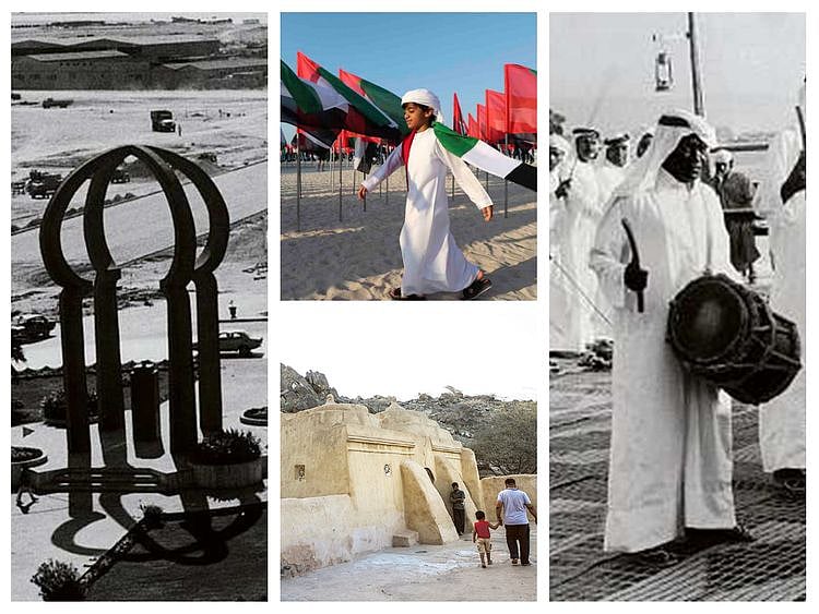 Flame rounabout, UAE flags, Ras Al Khaimah drummers and Al Bidiya Mosque