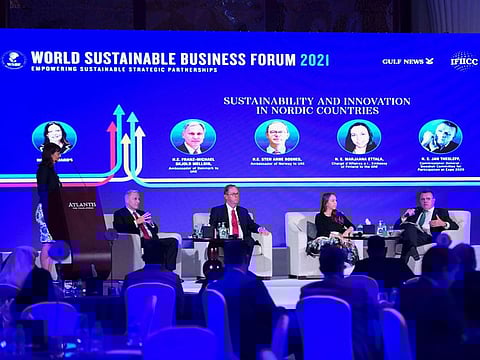 Left to Right: Franz-Michael Skjold Mellbin, Ambassador of Denmark to UAE, Sten Arne Rosnes, Ambassador of Norway to UAE, Marjaana Ettala, Chargé d’Affaires a.i., Embassy of Finland to the UAE, and  Jan Thesleff, Commissioner General - Swedish Committee for Participation at Expo 2020 at the WSBF in Dubai on Monday.