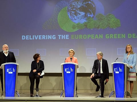 Frans Timmermans, vice-president of the European Commission, Adina Valean, transport commissioner of the European Union (EU), Ursula von der Leyen, president of the European Commission, Paolo Gentiloni, economy commissioner of the European Union (EU), and Kadri Simson, energy commissioner of the European Union (EU),  (from left ) as the European Union (EU) unveils a landmark climate plan in Brussels, Belgium, on Wednesday, July 14, 2021.  
