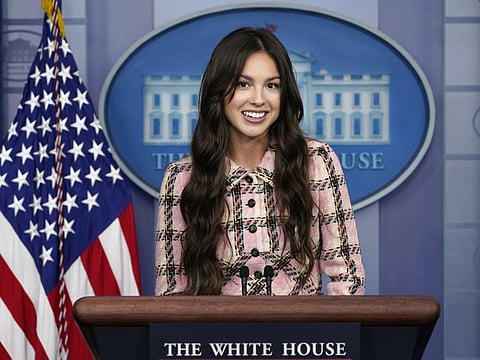 Teen pop star Olivia Rodrigo speaks at the beginning of the daily briefing at the White House in Washington, Wednesday, July 14, 2021.