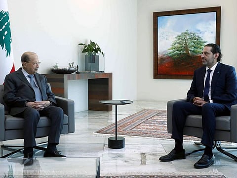 Lebanon's President Michel Aoun (left) meeting with Prime minister-designate Saad Hariri at the presidential palace in Baabda, east of the capital.