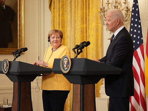 US President Joe Biden and Chancellor Angela Merkel of Germany during a news conference in the East Room of the White House in Washington on Thursday, July 15, 2021