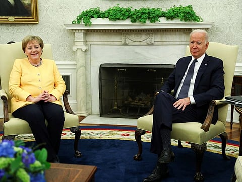 Biden holds a bilateral meeting with Merkel in the Oval Office at the White House in Washington, on July 15, 2021.