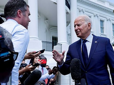 US President Joe Biden talks to the media as he departs for a weekend visit to Camp David from the White House in Washington, US, July 16, 2021. 