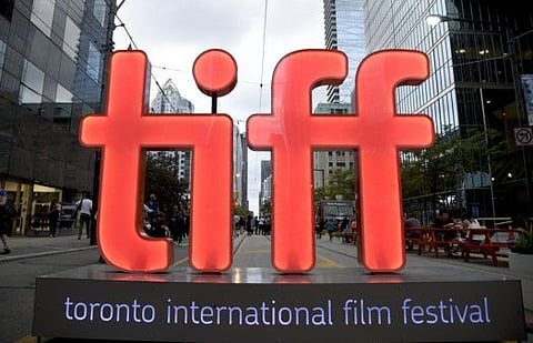 A view of a festival sign appears on day 1 of the Toronto International Film Festival on Thursday, Sept. 6, 2018, in Toronto.