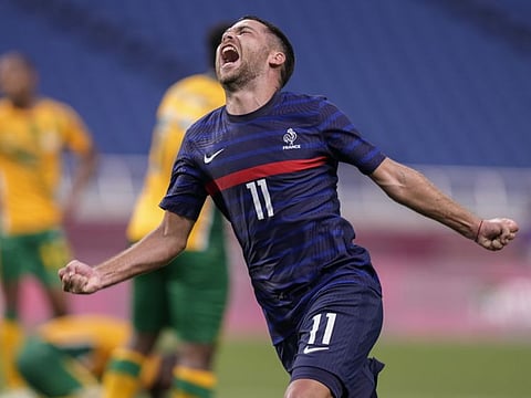 France’s Teji Savanier celebrates after scoring the winner against South Africa at the 2020 Tokyo Olympics, in Saitama, Japan. 