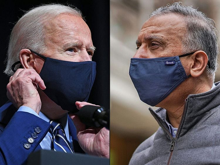  Biden and Al Kadhimi in file photos. 