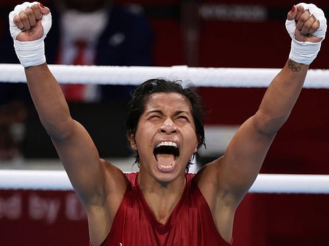 An ecstatic Lovlina Borgohain after taming her quarter final opponent Chen Nien-Chin of Chinese Taipei to ensure a second medal for India in Tokyo Olympics.