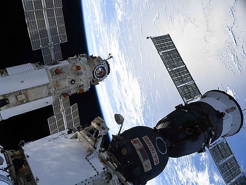 The Nauka (Science) Multipurpose Laboratory Module is seen docked to the International Space Station (ISS) next to Soyuz MS-18 spacecraft on July 29, 2021. 