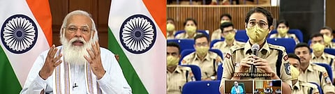 Prime Minister Narendra Modi interacts with IPS probationers from Sardar Vallabhbhai Patel National Police Academy via video conferencing, in New Delhi on Saturday.  