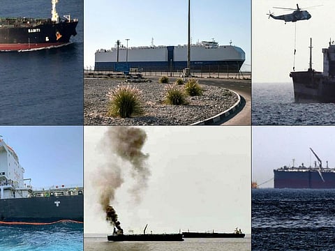 This combination of file pictures created on July 31, 2021 shows: a handout picture made available by the National Iranian Oil Tanker Company (NITC) on October 14, 2019, of the damage in the hull of the Iranian-flagged Sabiti tanker (Top left); a picture taken on February 28, 2021, of the Israeli-owned Bahamian-flagged MV Helios Ray cargo ship docked in Dubai's Port Rashid (Top centre); a handout image released by the US Central Command (CENTCOM) on August 13, 2020, reportedly showing Iranian forces in a helicopter boarding a tanker in international waters in the Gulf of Oman (Top right); the damage of Japanese oil tanker Kokuka Courageous off the port of Fujairah on June 19, 2019 (Bottom left); a handout picture released by the official Syrian Arab News Agency (SANA) on May 9, 2021, of a burning oil tanker in the Mediterranean off the Syrian coast (Bottom centre) and a picture taken on May 13, 2019, of Saudi oil tanker Amjad which was one of two tankers that were damaged in mysterious "sabotage attacks".