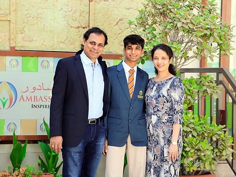 Nishil Agarwal from Ambassador School, with parents Mamta Agarwal and Mukund Agarwal, after his ICSE results