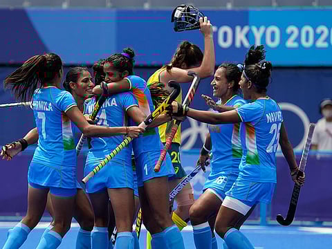 Chak de girls: Members of Indian women's hockey team celebrate after Gurjit Kaur strikes in the 22nd minute against Australia. 