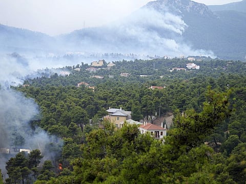 Wildfire burns a forest in Ippokratios Politia village, about 35 kilometres (21 miles) north of Athens, Greece, on August 6, 2021.  