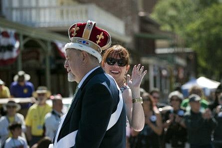 In this May 26, 2012, file photo, Festival Emperor, Robert Ringwald, of the Fulton Street Jazz Band, rides with his daughter, actress Molly Ringwald, in the Sacramento Music Festival parade in Old Sacramento in Sacramento, Calif.