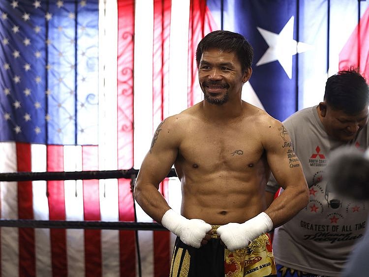 Manny Pacquiao at Wild Card Boxing Club ahead of his fight at T-Mobile Arena in Las Vegas.   