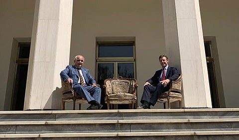 The picture shows Britain’s new ambassador Simon Shercliff meeting his Russian counterpart Levan Dzhagaryan on steps leading to the current Russian embassy. The photo, tweeted on Wednesday by the Russian embassy, shows the pair seated in a setting reminiscent of the 1943 Tehran conference meeting between then British prime minister Winston Churchill and Soviet leader Joseph Stalin. Churchill and Stalin, allies against Nazi Germany during World War II, were holding strategy talks with US president Franklin Roosevelt two years after the Anglo-Soviet invasion of Iran.