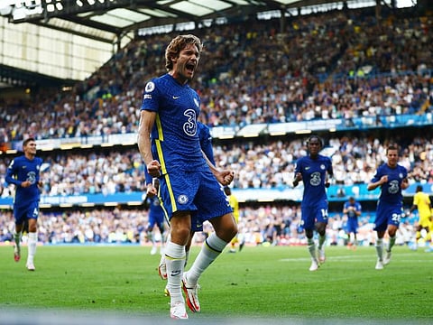 Chelsea's Marcos Alonso celebrates scoring their first goal against Crystal Palace at Stamford Bridge. The Blues won 3-0.