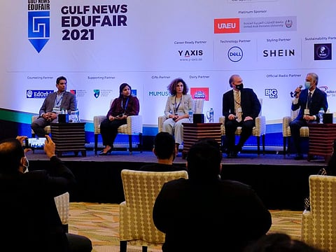  (From left) Zawahir Siddique, Asma Begum, May El Khoury, Daniel Adkins and Ali Kamran during a panel discussion on the third and final day of Gulf News EduFair, at Shangri-La Hotel in Dubai on Saturday.