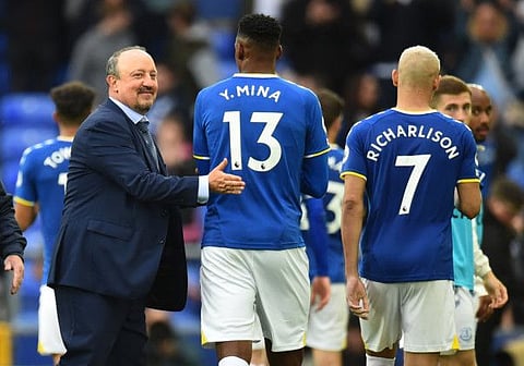 Great start! Everton manager Rafael Benitez celebrates with Yerry Mina and Richarlison after beating Southampton 3-1 at Goodison Park in his first game as the Toffees new boss. 