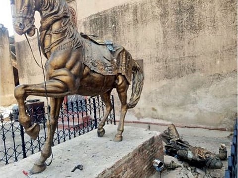 A view of the vandalised statue of Maharaja Ranjit Singh.