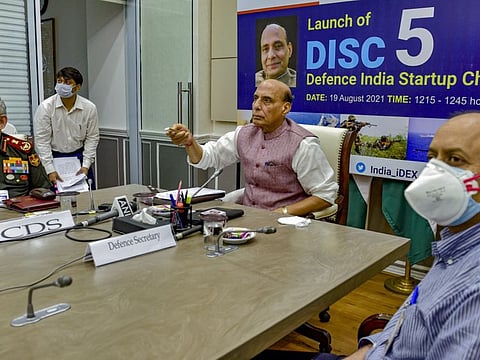Defence Minister Rajnath Singh launches DISC 5 (Defence India Startup Challange) as Chief of Defence Staff Gen. Bipin Rawat (left) and Defence Secretary Ajay Kumar  look on, at South block in New Delhi on  August 19, 2021.