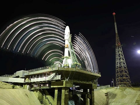 A Soyuz-2.1b rocket booster with a Fregat upper stage and satellites of British firm OneWeb is set on the launchpad ahead of its launch at the Baikonur Cosmodrome, Kazakhstan August 22, 2021. 