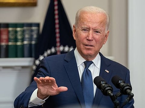 US President Joe Biden speaks in the Roosevelt Room of the White House in Washington, DC, US, on Sunday, Aug. 22, 2021.