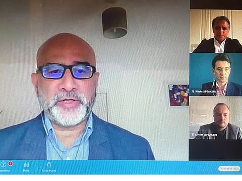 Sanat Rao, Chief Business Officer and Global Head – Infosys Finacle, Miguel Rio Tinto, Group Chief Information Officer, Emirates NBD, Olivier Crespin, Co-Founder and CEO of Zand Bank with Gulf News moderator Lachlan Kitchen,