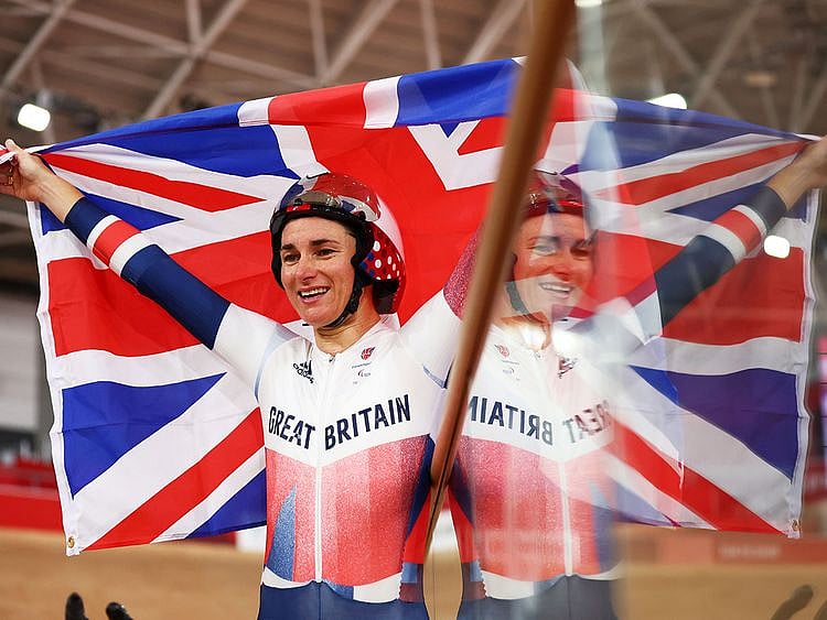 Gold medallist Sarah Storey of Britain celebrates 